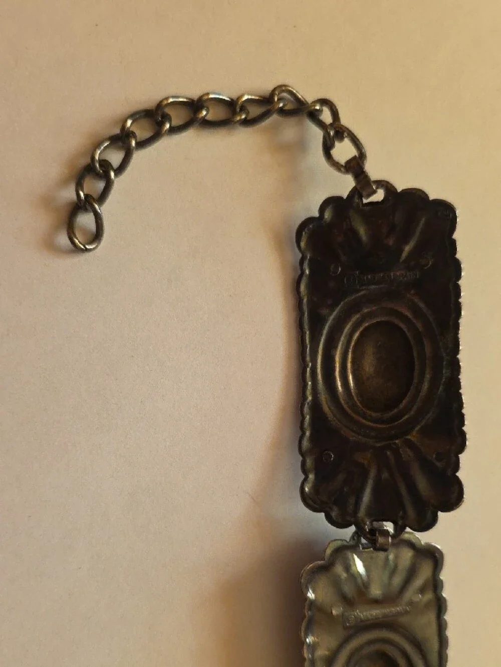 Escada Silver-Tone Ornate Concho Link Oval Belt
